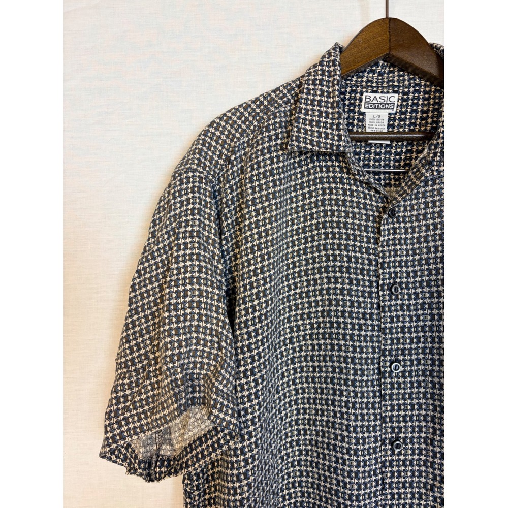 Basic Editions Mens Rayon Short‎ Sleeve Button Up Shirt Geometric Print Blue L - Picture 3 of 12